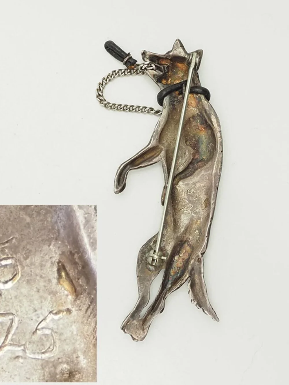 OOAK whimsical hand signed sterling silver jumping dog w leash brooch pin